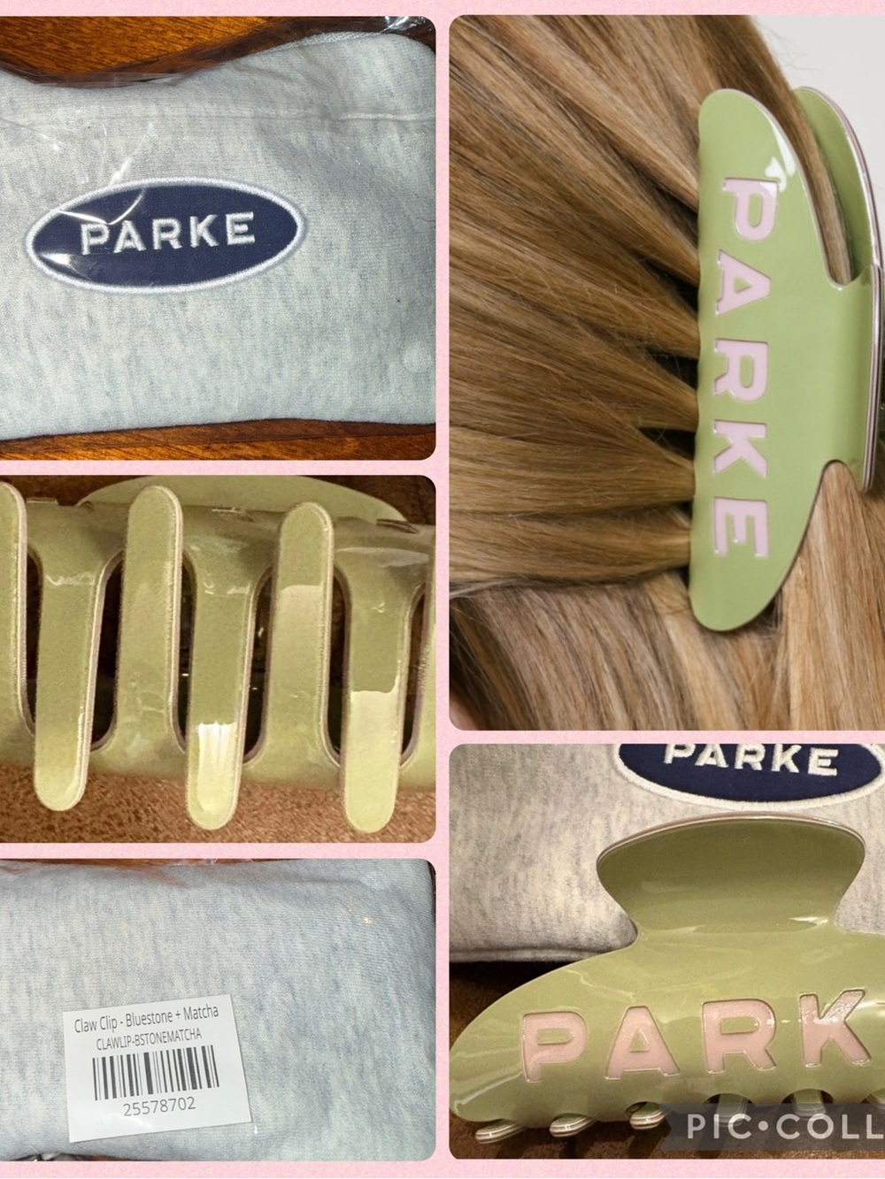 Parke Matcha Green Hair Claw Clip with Pink Logo